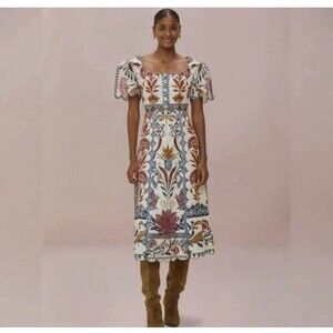 Farm Rio Cream Romantic Lightness Linen Short Sleeve Midi Dress Sz L